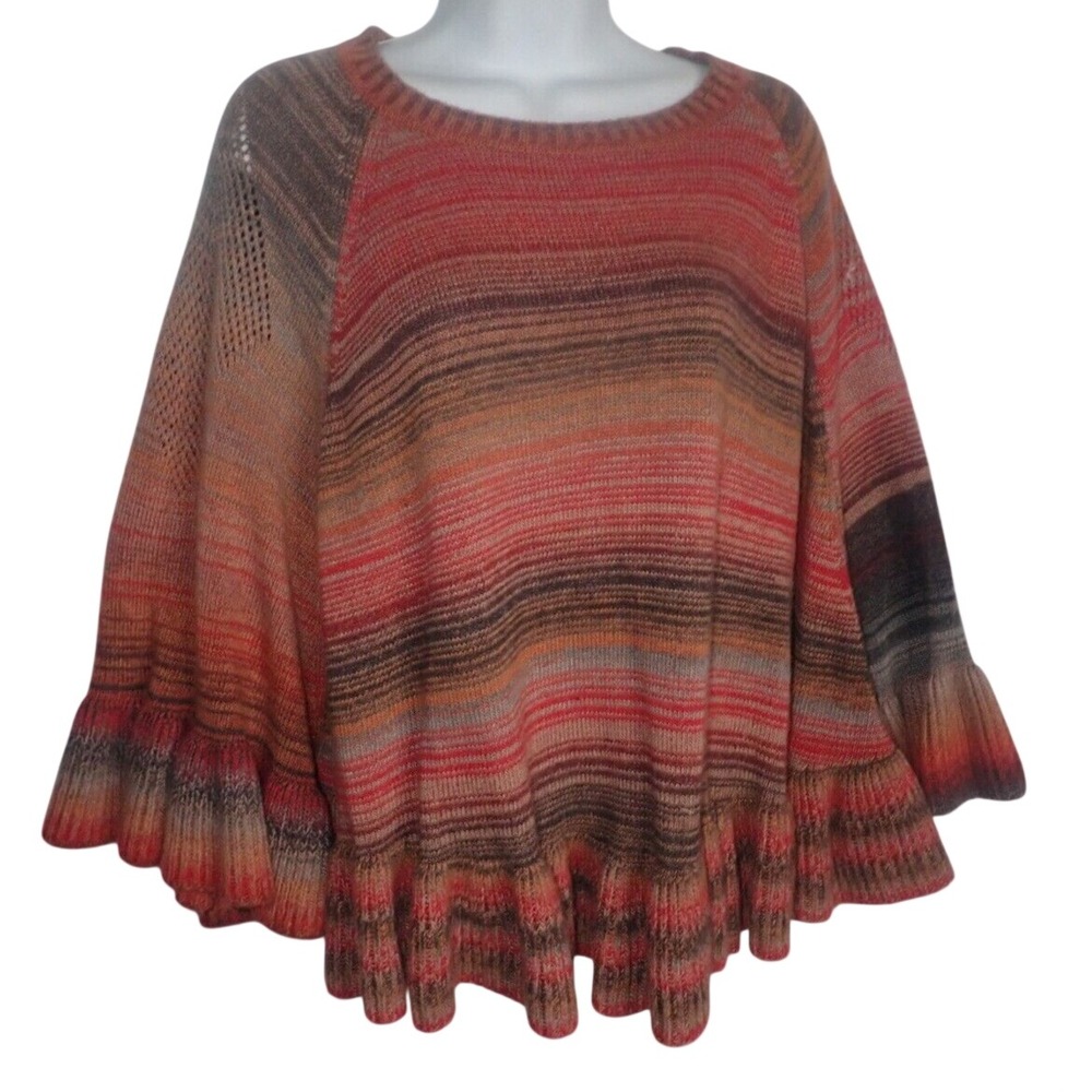 Metric Womens Space Dye Ruffle Knit Poncho Sweater Orange Red M/L Boho casual